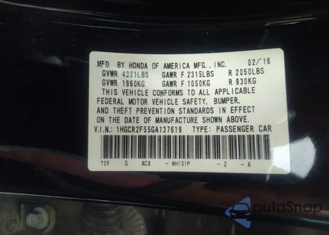 2016 Honda Accord Sport из США, поврежденный, VIN 1HGCR2F55GA137619